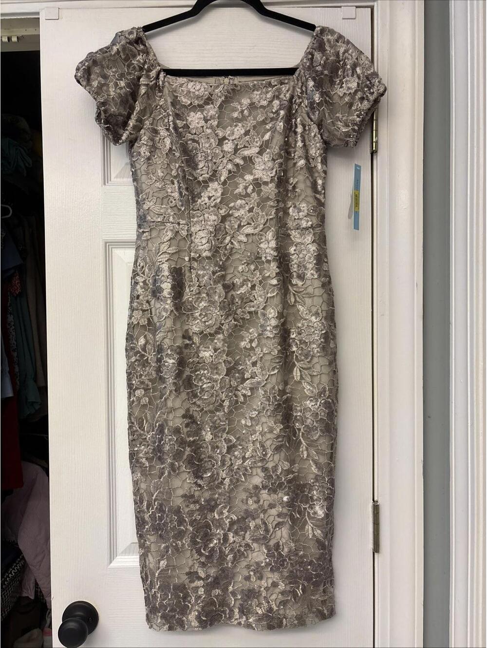 NWT Antonio Melani Amelia Gray Metallic Sheath Cocktail Size 2. Wedding $199
